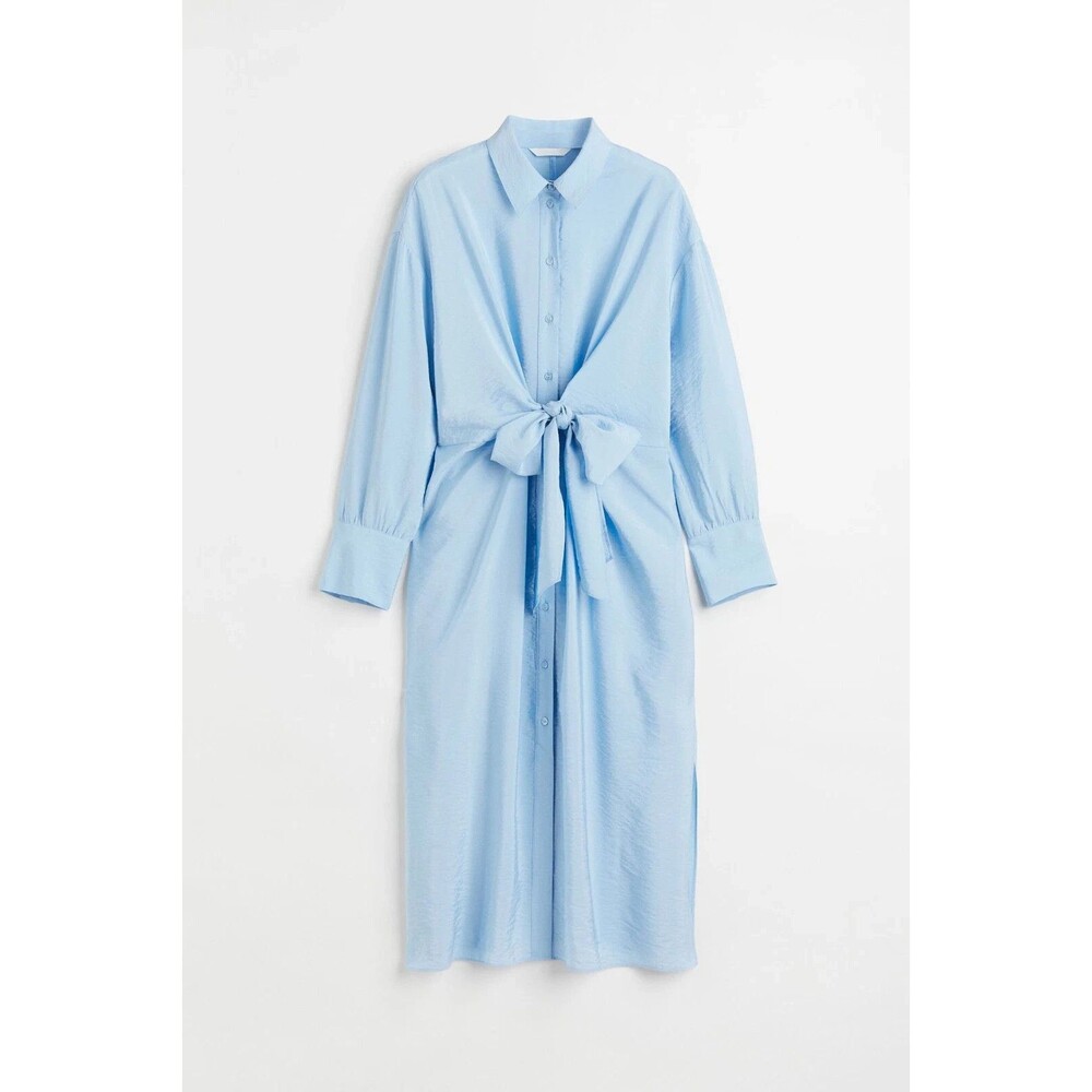 H & M Light Blue Tie Front Side Slits Crinkle Relaxed Midi Shirt Dress Plus XXL